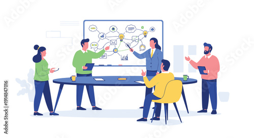 Team of professionals collaborating around a conference table with whiteboard ideas