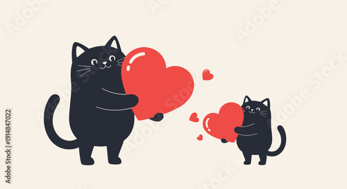 Black cats with red hearts in love scene