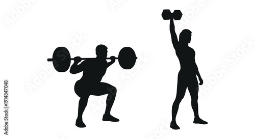 Two weightlifters in dynamic poses one squatting and one overhead pressing presented as a striking silhouette on transparent background high quality