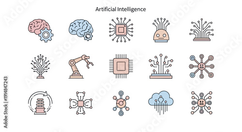 Illustrated Icons Depicting Artificial Intelligence Concepts and Technological Advancements