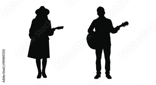 Two musicians a woman with a violin and a man with a guitar depicted in a striking black silhouette on transparent background