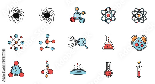 Illustrated scientific symbols and laboratory equipment against a white backdrop design.