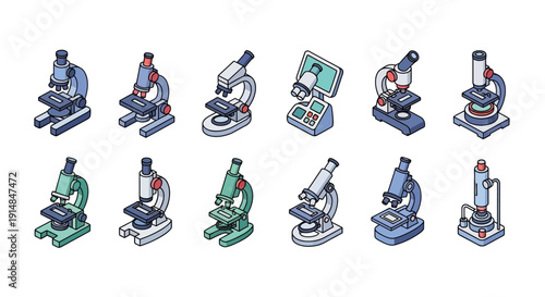 Illustrated selection of various microscopes showcasing scientific instruments and lab equipment