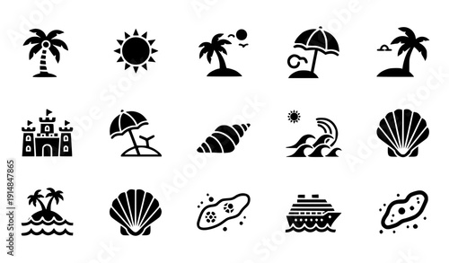 Monochrome tropical island beach glyph icons set
