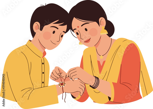 Illustration of a young boy and girl tying a rakhi on each other's wrist in a traditional Indian setting with bright colors.