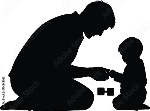 Adult teaching child silhouette, parental bonding, family care, toy block learning, nurturing moment, parenting illustration, childhood education, flavector