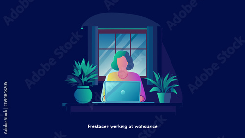 Freelancer working at home on laptop by window with plants remote work concept illustration