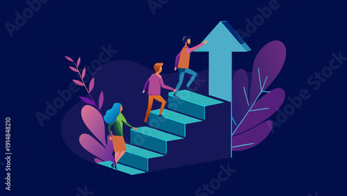 Flat vector illustration of three people climbing stairs with a large upward arrow symbolizing teamwork growth and success in business and entrepreneurship
