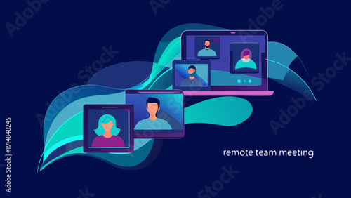Remote team members collaborate on video call with laptops and tablets on a dark blue background with wavy teal lines