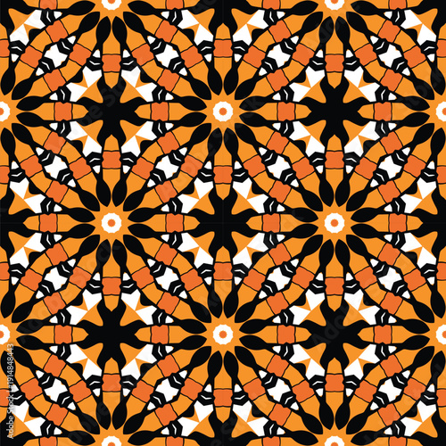 Orange and Black Bold Geometric Kaleidoscope Seamless Pattern