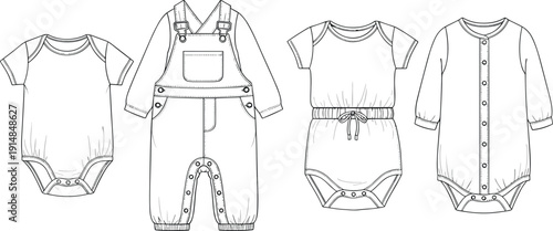 Baby onesies and rompers illustration, fashion design, clothing pattern, short sleeve, long sleeve, snap closure, garment construction vector, flavector