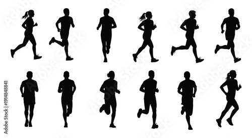 A collection of black silhouettes depicting people running in various poses on transparent background high quality professional detailed modern elegant stylish