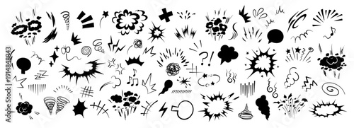 Superhero doodle effect, hand-drawn, with dynamic speed lines, a collection of animated cartoon motion elements and an explosive comic burst effect vector illustration.