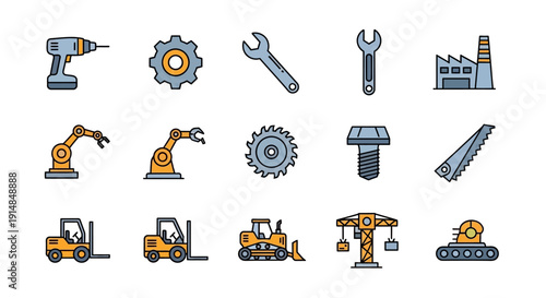 Industrial tools, machinery and equipment illustrated with flat design vector graphics