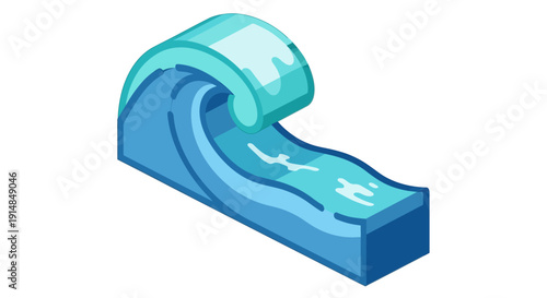 Isometric Illustration of a Rolling Ocean Wave with a Clear Blue Tone and Minimalist Design