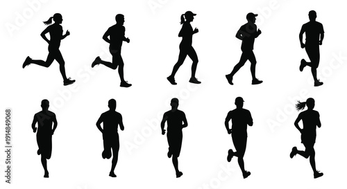 A collection of running people in various poses presented as black silhouettes on transparent background high quality professional detailed modern elegant