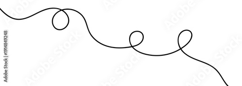 Continuous black squiggle line cable creating abstract wavy vector illustration pattern on white background. Curvy cable thread flowing horizontally with organic squiggle line loops and tangled curve.