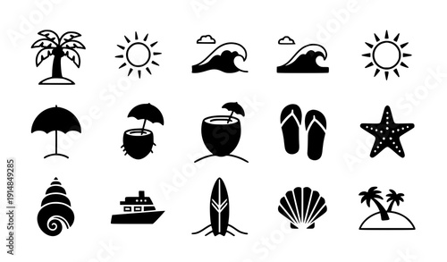 Tropical beach island solid glyph icon set
