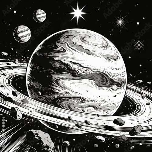 Celestial Cartography: A monochrome illustration depicts a planet surrounded by cosmic debris, a celestial body with rings, evoking a sense of wonder and cosmic exploration. 