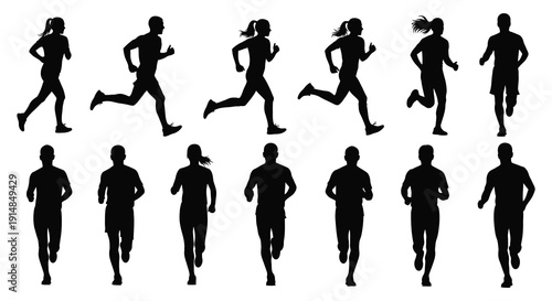 A collection of nine running figures in black silhouettes showcasing dynamic movement on transparent background high quality professional detailed modern elegant