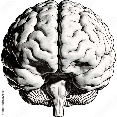 Anatomy of Mind: Detailed grayscale rendering of a human brain, showcasing intricate folds and contours, providing an in-depth view into the organ of thought and cognitive functions.
