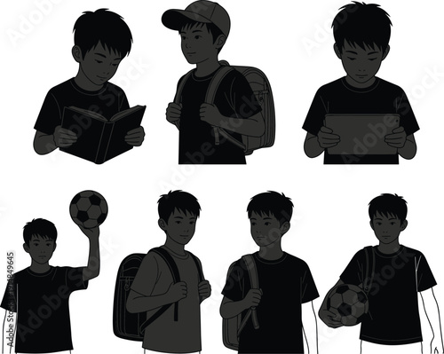 Boy activity illustration set, reading book, backpack school, tablet use, soccer ball play, lifestyle education vector artwork, flavector