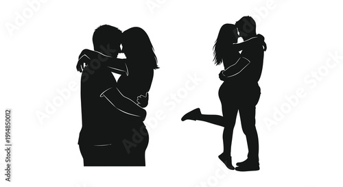 A loving couple embracing in two dynamic poses presented as black silhouettes on transparent background high quality professional detailed modern elegant
