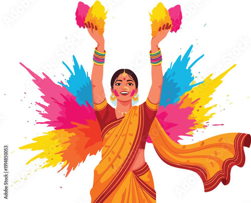 Illustration of a smiling Indian woman in traditional attire throwing colorful powders in celebration with vibrant background splashes.