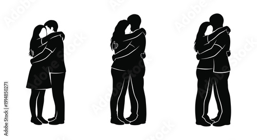 Three black silhouettes of embracing couples depict affection and intimacy ideal for design projects on transparent background silhouette high quality professional