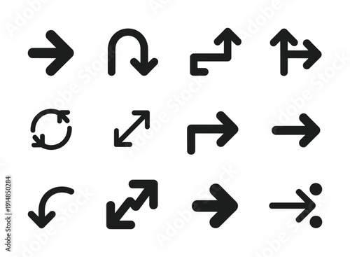 Collection of vector black arrows showing various directions and movements
