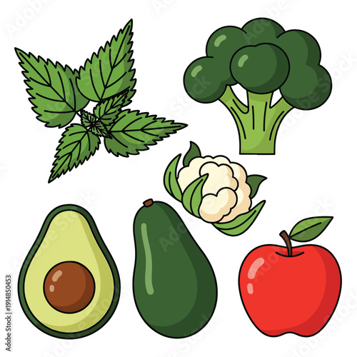 Assorted healthy food illustrations including avocado, broccoli, and apple displayed together