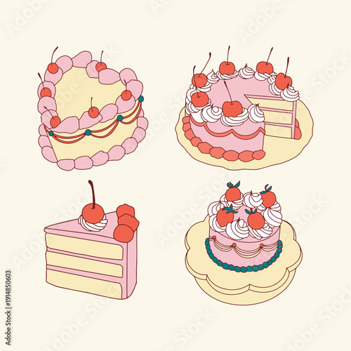 Vintage Sweetheart & Cherry Cake Illustration Collection