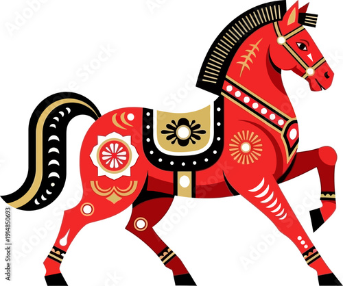 Vibrantly colored illustration of a majestic red horse adorned with intricate traditional folk art patterns, symbolizing strength and cultural heritage with a dynamic pose