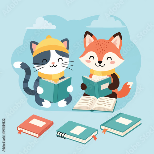 Cat and Fox Reading Together