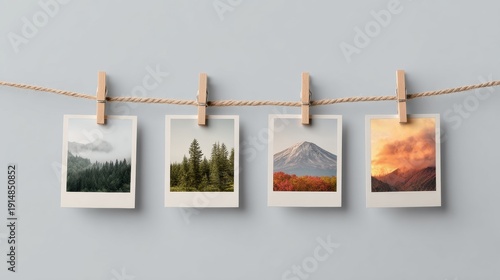 Four Polaroid-style photos clipped to a twine strain