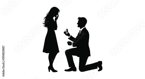 A romantic proposal scene depicts a man kneeling before a woman offering a ring on transparent background silhouette high quality professional