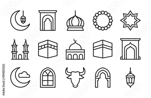 Set of vector icons representing islamic symbols and architecture