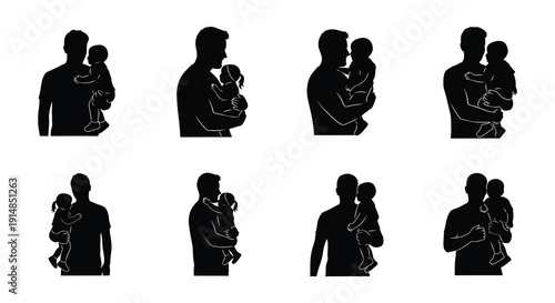 A collection of eight black silhouettes depicting fathers holding babies presented in varying poses on transparent background high quality professional detailed