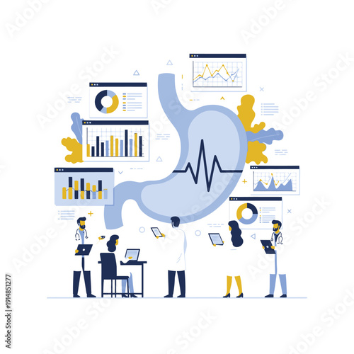 Medical Team Analyzing Gastric Health Data with Charts and Graphs