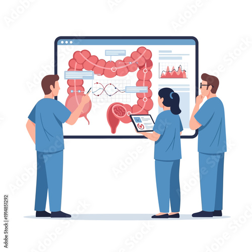 Medical Team Analyzing Digestive System Data on Digital Screen