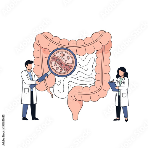 Doctors examining large intestine with magnifying glass, studying gut bacteria and health