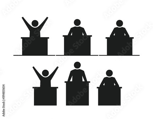 Vector of people sitting and standing behind desks during an event