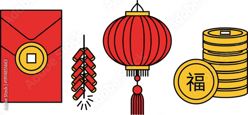 Traditional Chinese New Year symbols vector set red envelope, firecrackers, lantern, and gold coins. Iconic elements for luck, prosperity, and festive cultural celebration