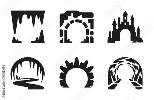 Collection of vector icons featuring caves and castles