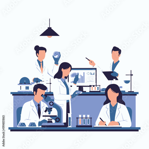 Science laboratory team conducting research with microscopes and charts