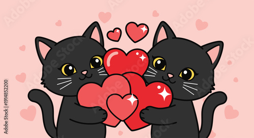 Black cat pair holding hearts in love