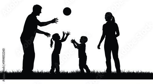 A family enjoys playtime together with a father mother and two children presented as a silhouette on transparent background high quality