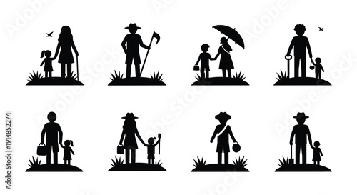A collection of family silhouettes walking and enjoying time together ideal for design projects on transparent background high quality professional detailed