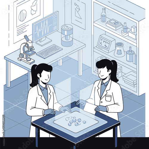 Two scientists with lab coats analyzing samples on a transparent biopsy table in a modern laboratory