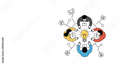 Group of People Collaborating Around Light Bulb with Laptops